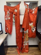 VTG 1940s Japanese Hand Made Embroidered Red Silk Uchikake Wedding Kimono - 66