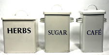 Cannisters w/ Lids, Vintage Restoration White Enamel on metal, Herbs Sugar Cafe picture