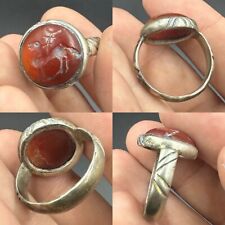 Authentic old ancient Roman carnelian agate animal intaglio silver ring picture