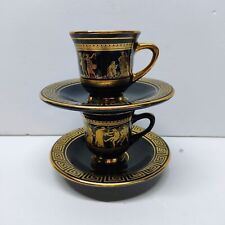 2-Greek Handmade Demitasse Cups & Saucer's Black W/ 24K Gold Vintage Spyropoulos picture
