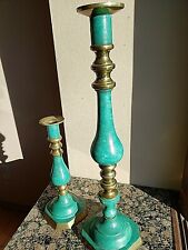 VTG Pair Brass MOSY SA Candlesticks Turquois Enamel Hecho En Mexico 21
