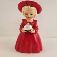 Napco Red Dress Girl Christmas Baking Cake Celebration Figurine Japan Holly Hat picture