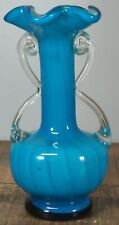 Antique Cased Glass Vase Swirled Ruffled Rim Clear Handles 6