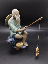 Vintage Glazed Porcelain Old Chinese Fisherman Figurine 5