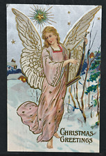 Postcard Christmas Greetings Angel with harp Silver. Embossed 1908 Postmark picture