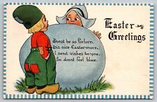 Postcard by Wall Artist Signed Easter Greetings Dutch Boy & Girl Blu Egg A18 picture