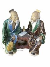 Vintage 2 Seated Chinese Mudmen Porcelain Figurines Discussing Games Liquor picture