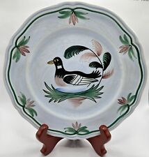 Longchamp Blue Duck Center Salad Plate Hand Paint Green Leaves Red Flowers 7.5” picture