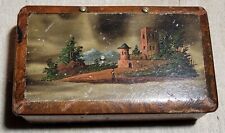 VERY OLD ANTIQUE 1790's-1820's WOODEN DECORATIVE SNUFF BOX WITH HAND-PAINTED LID picture