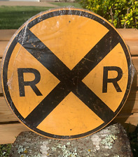 Railroad Crossing Warning Train Sign Tin Vintage Garage Distressed Old Round picture