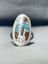 AUTHENTIC OLDER VINTAGE NAVAJO TURQUOISE CORAL STERLING SILVER RING picture