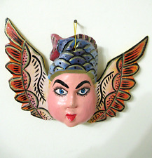 VTG MEXICO GUERRERO CARVED WOOD HP WINGED CHERUB FISH WALL MASK MEXICAN FOLK ART picture
