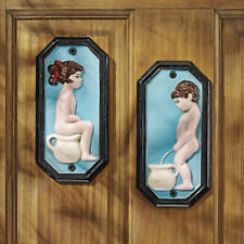 European Antique Replica Cast Iron Boy & Girl Restroom Door Wall Plaque Plates picture