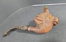 Vintage Carved Bulls Head Wood Pipe With Original Chain 1940s Brass Accents  picture