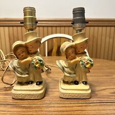 2 VTG Antique Chalkware Bride & Groom Table Lamp Tested Decor 1940s Deco Figural picture