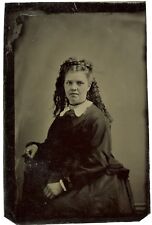 Young Curly Hair Woman with Headband, Earrings, Vintage Tintype Photo picture