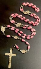 Vintage Pink Milk Glass Lourdes Medal Rosary, SilverTone Crucifix,France picture