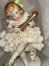 ANTIQUE LOVELY SITZENDORF LACE PORCELAIN LITTLE GIRL FIGURINE PLAYING MANDOLIN picture