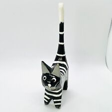 Bali Handmade Wooden Carved Cat Black, white stripes Indonesia 3in picture