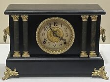 Antique E Ingraham 8 Day Mechanical Black 4 Pillar Mantle Shelf Gong Chime Clock picture