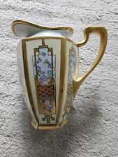 1930 Large Porcelain Painted Pitcher Art Nouveau Flowers Design Gold Trim... picture