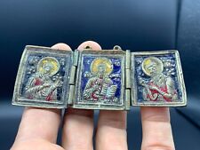 19C. Antique Russian Orthodox Christian Triptych Icon 3 Panels Enamelled Brass picture