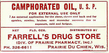 Vintage Pharmacy Label CAMPHORATED OIL Farrell's Drug Prairie Du Chiem Wisconsin picture