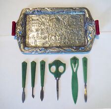 Antique Red Carved Green BAKELITE LOT - DRAGON VANITY TRAY & MANICURE SET picture