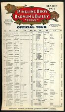 Very Scarce 1931 Ringling Bros. B&B Circus Route Card Entire Season 8
