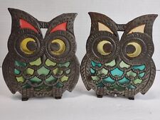 2 Vintage BOHO Retro Owl  Stained Glass Cast Iron Napkin Holders  picture
