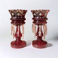 Pair of Antique Victorian Bohemian Ruby Red Glass Candle Mantle Lustres 13 3/4” picture