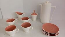 Vintage Harkerware Coral & White Teapot, Sugar Dish, Creamer & Cups/Saucers X4 picture