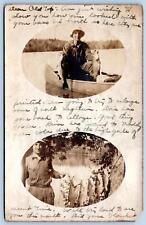 1921 RPPC BASS FISHERMAN SHOWS OFF CATCHES STRING OF FISH BOAT 2 VIEWS POSTCARD picture