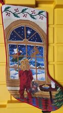 Christmas Stocking Vintage Needlepoint Kid Looking Through Window At Santa picture