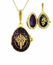 Alex-Intl Gold Plated Sterling Silver Purple Enamel Egg Locket Pendant with Ange picture