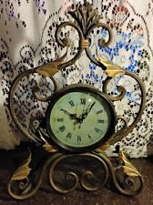 Retro Mantel scrollwork Clock metal iron green leaves wheat gold tone Battery picture