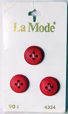 3 Vintage La Mode Red Plastic 4-Hole Buttons on Original Card 16 mm or 5/8