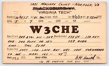 QSL CB Ham Radio Card W3CHE DH Smith Blacksburg Virginia VA 1933 'Virgina Tech' picture