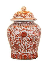 Beautiful Orange/Coral And White Porcelain Chinoiserie Temple Jar 13