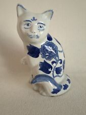 VTG 8” Chinese Porcelain Hand Painted Cat Statue Figurine Decor Blue & White picture