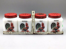 1930-40's Signed Tipp Co Milk Glass 4 pc Condiment Set w/metal holder Rooster picture