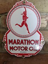 VINTAGE 1957 MARATHON MOTOR OIL PORCELAIN GAS STATION DIE CUT SIGN 12
