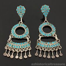 FRANK DISHTA - NATIVE AMERICAN ZUNI SILVER & TURQUOISE INLAY CHANDELIER EARRINGS picture