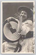Postcard RPPC Photo Valentine Laughing Lady With Heart In Bullseye Vintage picture