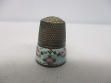 ANTIQUE 835 SILVER with BLUE GUILLOCHE ENAMEL & ROSES THIMBLE with GLASS ON TOP picture