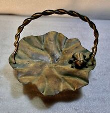 🚨 Vintage Brass/Bronze? Lily Pad Leaf & Frog Tray Basket Handle Trinket Dish 9” picture