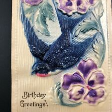 Swallow Postcard Antique Birthday VTG Bird Embossed Flower GORGEOUS 1912 Germany picture