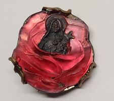 Vintage Antique Virgin Mary Rose Pin Lapel Brooch Madonna Flower Lucite Acrylic picture