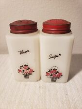 2 Vintage McKee Tipp City Milk Glass Flower Basket Flour & Sugar Shakers Red Lid picture