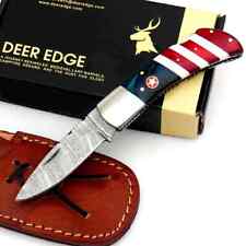 Custom Damascus Steel Pocket Knife - USA Red White and Blue with Sheath picture
